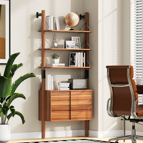 6 Tier Ladder Bookshelf with Storage Cabinet for Living Room