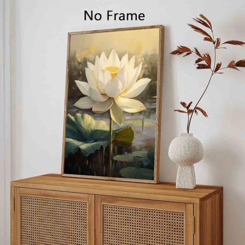Lotus Flower Poster Summer Flower Picture Zen Lotus Pond Painting Water Lily Poster Green Plants Paintings Zen Canvas Botanical Art Print Vintage Floral Wall Art Modern Room Decor 16x24inch No Frame