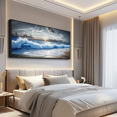 Wall Art Blue Ocean Wave Scenery Painting 32"X72" Black Frame