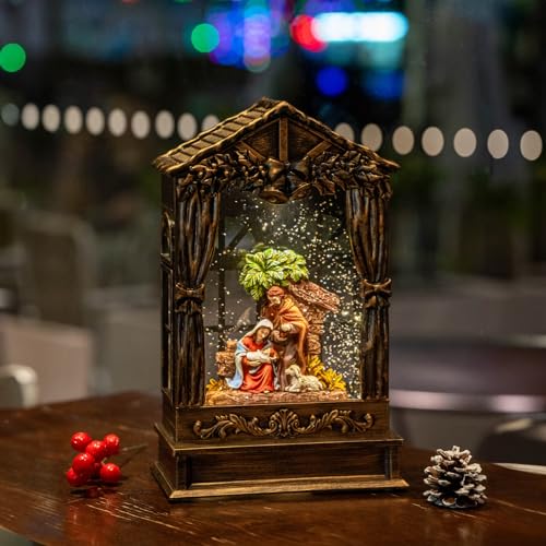 Christmas Snow Globe Swirling Glittering Holy Family Manger Scene