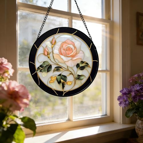 Pink Rose Stained Glass Window Hanging Suncatcher Gifts for Women 6.3"