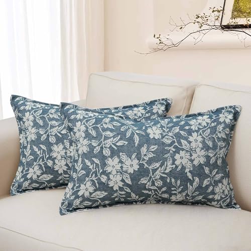 20x12 Lumbar Decorative Throw Pillow Cases Floral Pillow Covers Set of 2 Vintage Jacquard Couch Pillows for Living Room Couch Bed Home Decor Blue (2 Count)