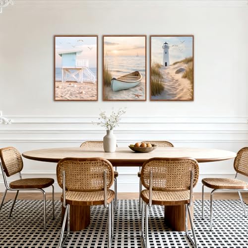 KAlRNE Beach Room Photo Framed Coastal Decor Ocean Wall Art Set (3 Count)