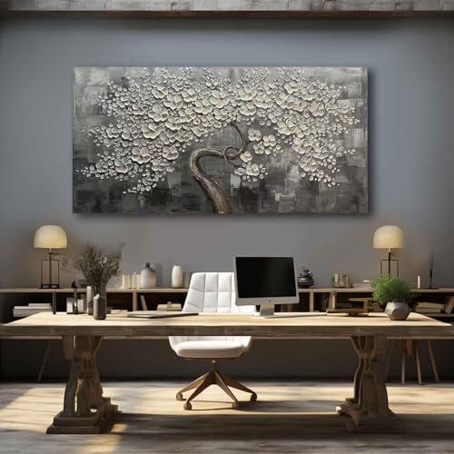 Flower Tree Wall Art Painting for Living Room White Botanical Picture for Bedroom Office Kitchen Home Decor Wall 30x60 Inches