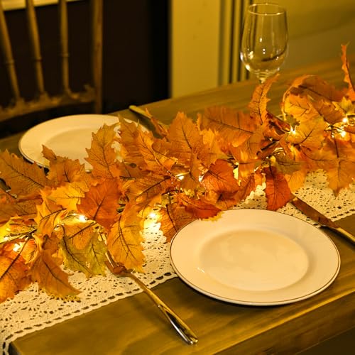 2PC Realistic Fall Garland for Mantle 6FT Fall Leaves Garland With Lights (2 Count)