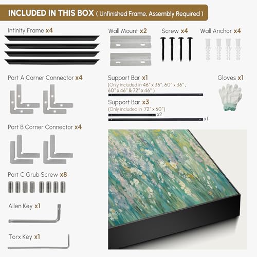 36"x46" Extra Large Framed Wall Art Wildflower Meadow Landscape Soft Pastel Nature Illustration for Home Living Room Bedroom Decor