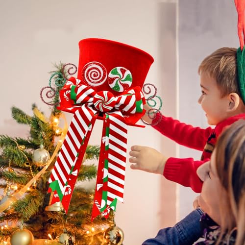 Candy Canes Christmas Tree Topper Red Hat Bow Xmas Decoration