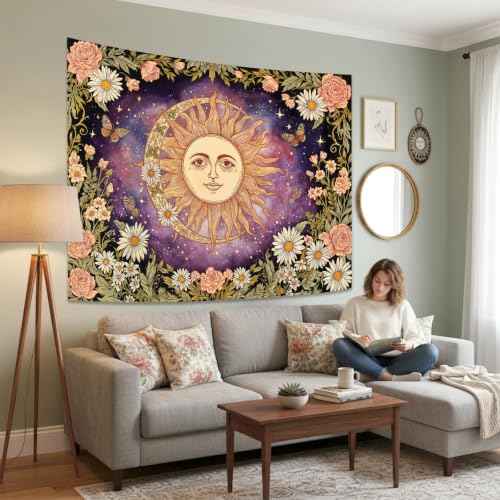 Vintage Sun and Moon Boho Hippie Purple Floral Tapestry 80 x 60 Inch