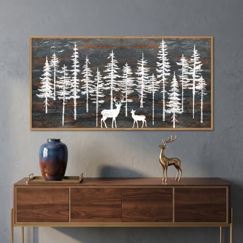 Vintage Pine Tree Deer Framed Canvas Wall Art Set