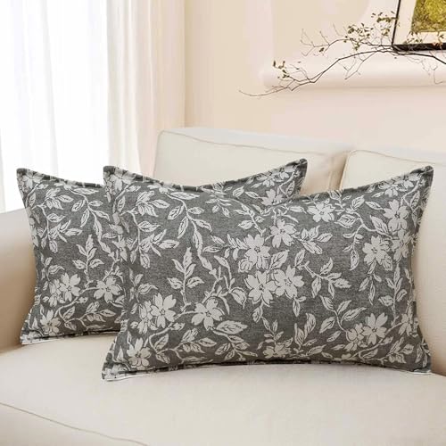 20x12 Lumbar Decorative Throw Pillow Cases Floral Pillow Covers Set of 2 Vintage Jacquard Couch Pillows for Living Room Couch Bed Home Decor Grey (2 Count)