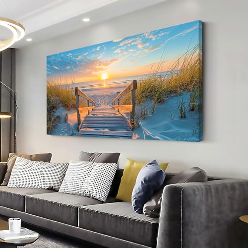 Beautiful White Sandy Beach Pier by Seaside at Sunset Landscape Wall Art Decor Artwork for Bedroom Living Room