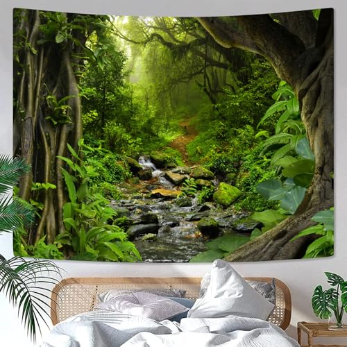 Green Rainforest Tapestry Nature Forest Tapestry for Bedroom Aesthetic Misty Tropical Jungle Trees Flowing Stream Landscape Tapestries Wall Hanging for Living Room Dorm 90 x 68 Inch