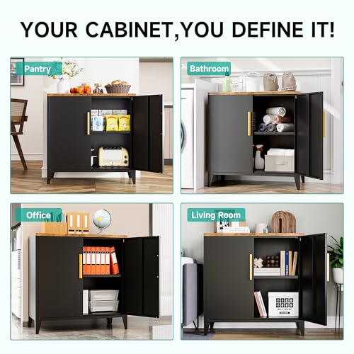 Black Storage Cabinet with Doors and Shelves