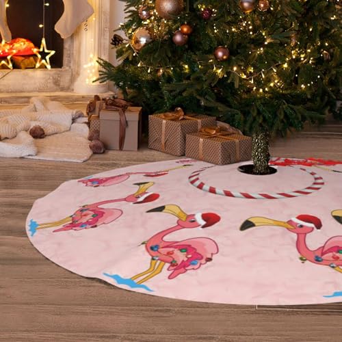 48" Pink Flamingo Pattern Christmas Tree Skirt Large Tree Mat Base Cover for Xmas Festive Holiday Party Decoration Ornaments