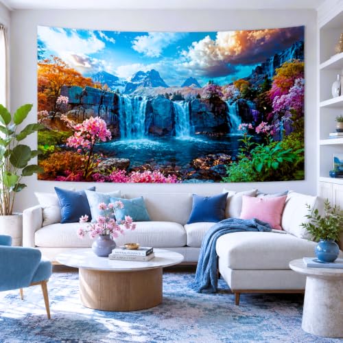 Waterfall Tapestry Tropical Forest Mountain Sunset Tree Wall Hanging Tapestry Scenic Rainforest Landscape Nature Sunrise Headboard for Bedroom Living Room Home Decor
