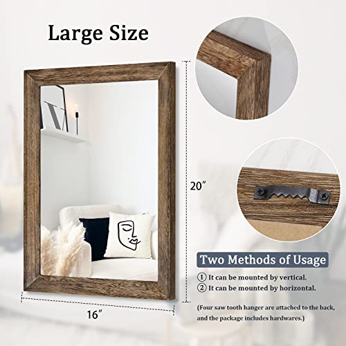 Rustic Wood Mirror Rectangle Decorative Wall Mirrors with Frame Large 20"x16"for Bedroom Living Room Bathroom Entryway Hanging Brown