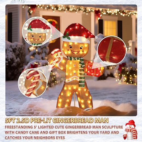 5FT Gingerbread Man with Candy Cane and Gift Box Decoration
