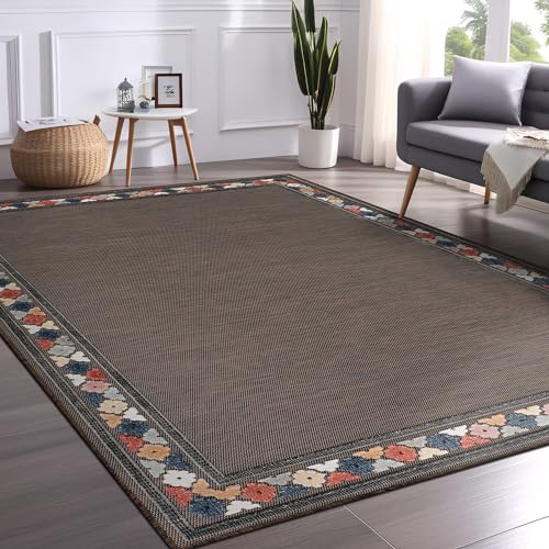 Outdoor Rug 8x10 Modern Bordered Area Rugs for Indoor and Outdoor Patio Easy to Clean Non Shedding Living Room Porch Garden Washable Outside Carpet