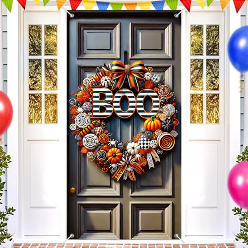 Halloween Door Cover Spiders Swirl Ribbon 35x71 Inch Polyester