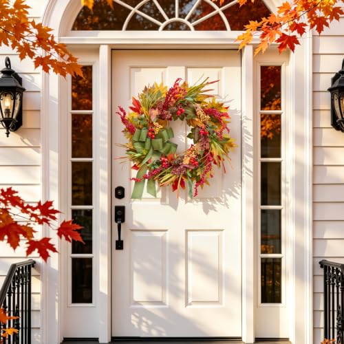 24 Inch Artificial Silk Harvest Fall Wreaths for Front Door with Green Bow