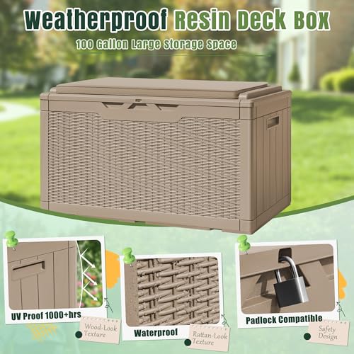 100 Gallon Resin Deck Box Large Outdoor Storage with Cushions for Patio Furniture