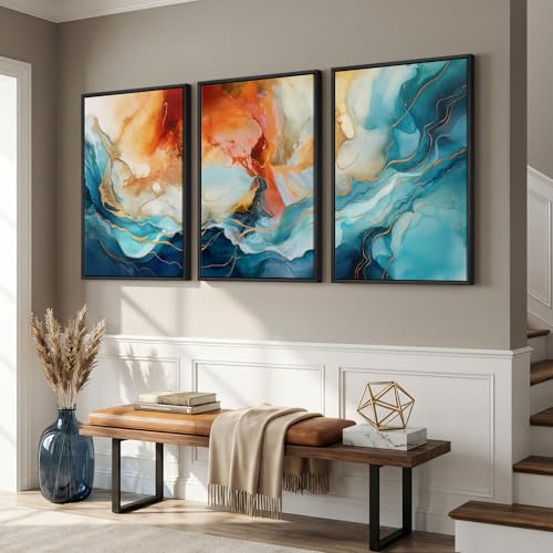 Large Framed Blue Orange Abstract Wall Art for Living Room (3 Count)