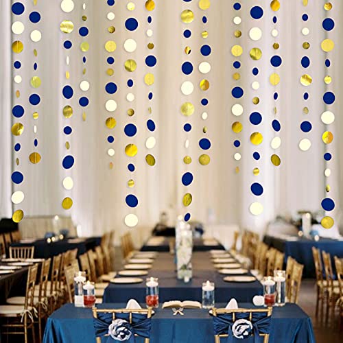 Navy Blue and Gold Circle Dots Garland Royal Blue Hanging Paper Polka Dot Streamer for Birthday Wedding Bridal Shower Graduations Nautical Ahoy Achor Pirate Themed Party Decorations Supplies