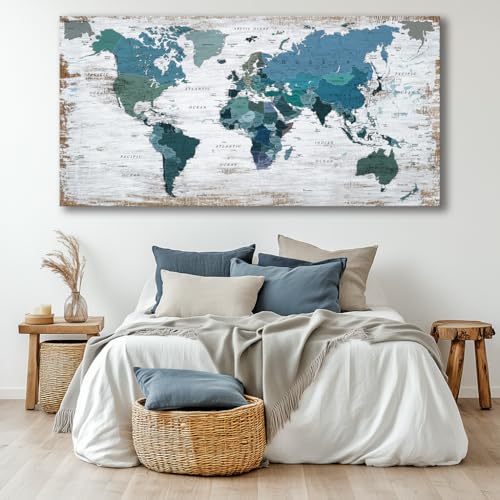 Teal Decor map of the world Canvas Wall Art Pictures for Living Room Decoration Blue Wall Decor Office World Map Art Picture Framed Artwork for Home Bedroom Decoration 40"x79"