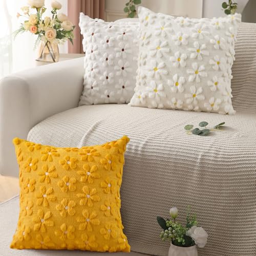 Spring Summer Pillow Covers 16x16 inch Set of 2 White Daisy (2 Count)