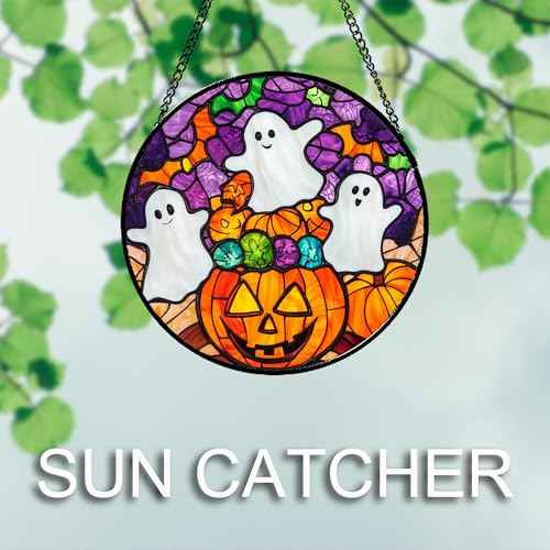 Stained Glass Window Hanging Halloween Horror Pumpkin White Ghost 9.8"