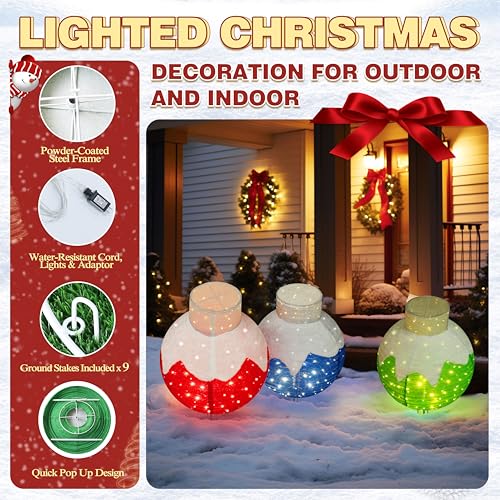 36 Inch Pop Up Christmas Ball with 90 LED Lights for Outdoor Xmas Decor (3 Count)