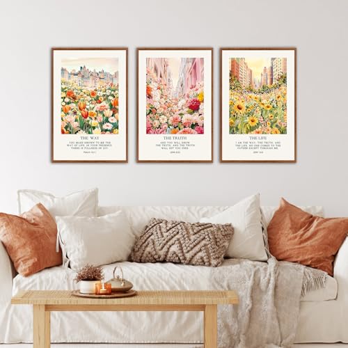 KAlRNE Christian Floral Framed Canvas Bible Verse Wall Art Set (3 Count)