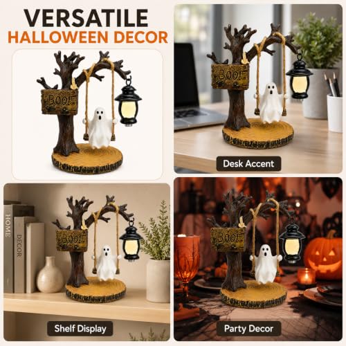 Halloween Hanging Ghost Decoration Swinging Ghost Ornament with Lantern and Boo Sign Rustic Tree Decor Spooky Halloween Party Prop for Home Room Office Porch Garden Seasonal Decoration