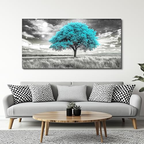 Modern Canvas Print Wall Art Blue Tree Painting Full Of Stars Black And White Art pictures Natural Landscape Wall Decoration Suitable For Living Room Bedroom Office Framed Stretch 20x40 In