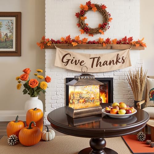 Fall Snow Globe Lantern Thanksgiving Pumpkins Spinning Water Lantern with Swirling Glitter 6H Timer Remote Control Fall Decorations for Home Thanksgiving Autumn Harvest