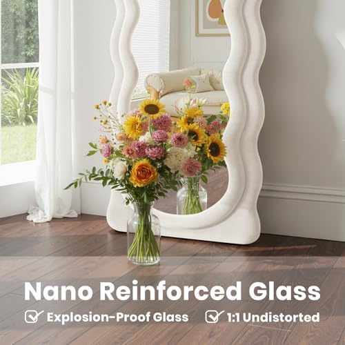 Full Length Mirror 71"x30" Arched Wavy Full Body Wall Mounted Floor Mirror Ivory Flannel Frame Leaning Hanging Wall Mirror for Bedroom Entrance