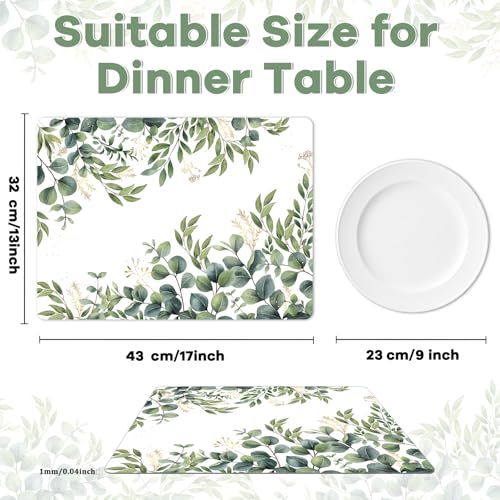 Eucalyptus Leaves Placemat Set of 6 Seasonal Summer Plastic Table Mats Spring Green Leaves Themed Place Mats Rustic Vintage Table Decoration for Indoor Outdoor Party Kitchen Dining (6 Count)