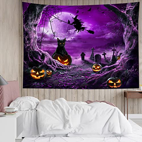 Halloween Wall Tapestry Horror Witch Cat and Dead Tree Pumpkin Lights with Spooky Graveyard Tapestry Purple Full Moon over Misty Forest Wall Art Decor for Bedroom Living Room Dorm 59x51 Inches
