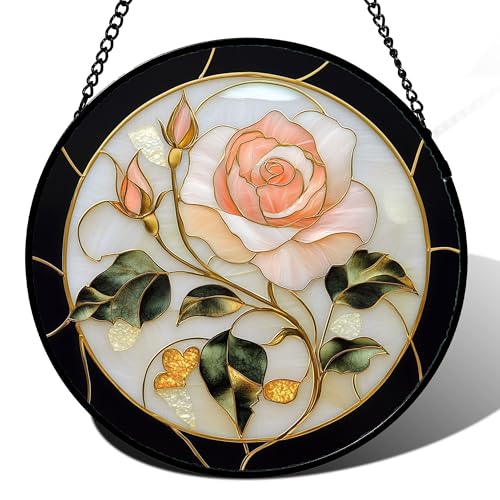 Pink Rose Stained Glass Window Hanging Suncatcher Gifts for Women 15"