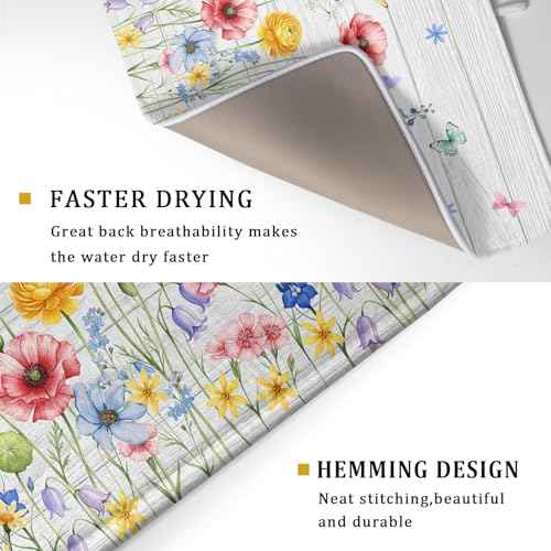 Spring Summer Dish Drying Mat for Kitchen Counter Farmhouse Watercolor Floral Super Absorbent Reversible Microfiber Kitchen Countertop Protector Dishes Pad Large 18x24 inch