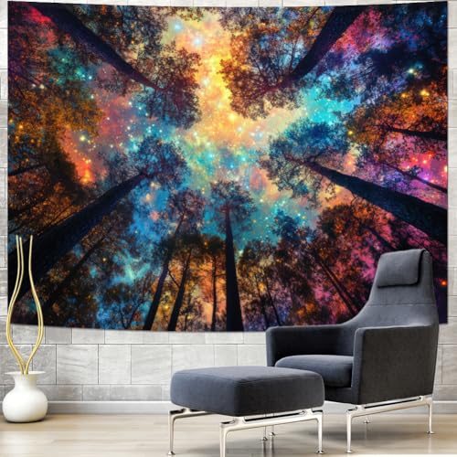 Colorful Forest Tapestry Nature Landscape Tapestry Mysterious Sky Tapestries Psychedelic Aesthetic Starry Night Tapestries Trippy Galaxy Space Wall Hanging Decor for Home