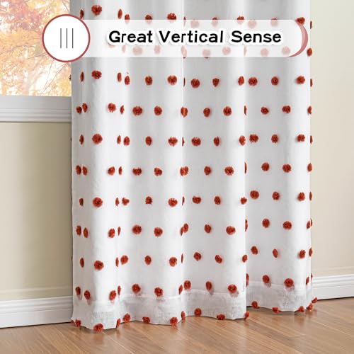 Blackout Bohemian Curtains for Bedroom Thermal Insulated Brick Red Pom Pom Curtain 72 Inch Long for Girls Room White Sheer Drapes for Dining Room Door Grommet
