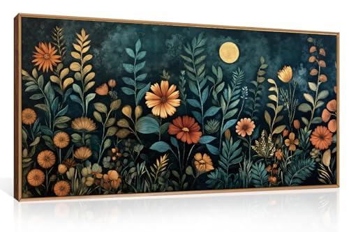 Moody Blue Floral Botanical Framed Canvas Wall Art Set