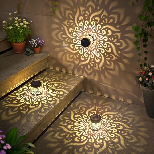 2 Pack Large Solar Fence Lights Metal Solar Powered Outdoor Wall Deck Step Lights Mandala Theme Waterproof Fence Light for Garden Post Patio Backyard Yard Decor (2 Count)