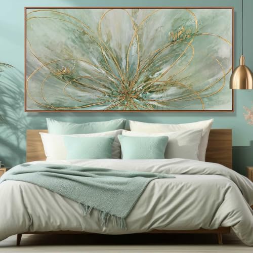 Abstract Canvas Wall Art Gold Line Wall Posters Green Wall Decor 36"x70" Oversized Artwork for Bedroom Dining Room Walls