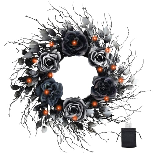 22 Inch Black and Silver Halloween Wreath with 40 Orange LEDs