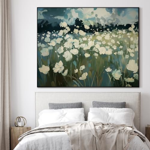 46"x60" Extra Large Framed Wall Art White Wildflower Field in Impressionist Style