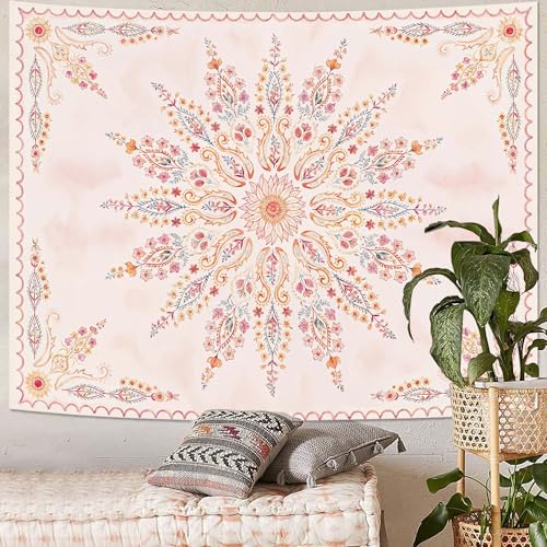 Boho Floral Mandala Tapestry for Bedroom Aesthetic Pink Bohemian Flower Wall Tapestry Watercolor Hippie Indian Large Tapestries Wall Hanging for Living Room Dorm Decor 80 x 60 Inch