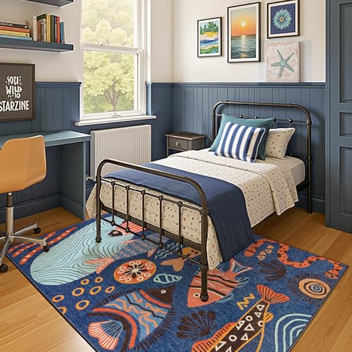 5x7 Coastal Area Rug Kids Washable Fun Rug Colorful Ocean Fish Indoor Floor Cover Non Slip Lightweight Soft Cozy Carpet for Bedroom Nursery Playroom Daycare Living Room (35 Sq Ft)