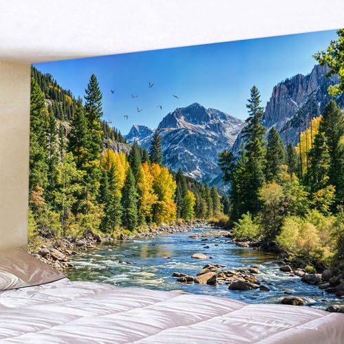 Nature Forest Mountain Tapestry Green Pine Tree Tapestry for Bedroom Aesthetic Flowing River Landscape Tapestries Wall Hanging Bird Decor for Living Room Classroom Dorm Office